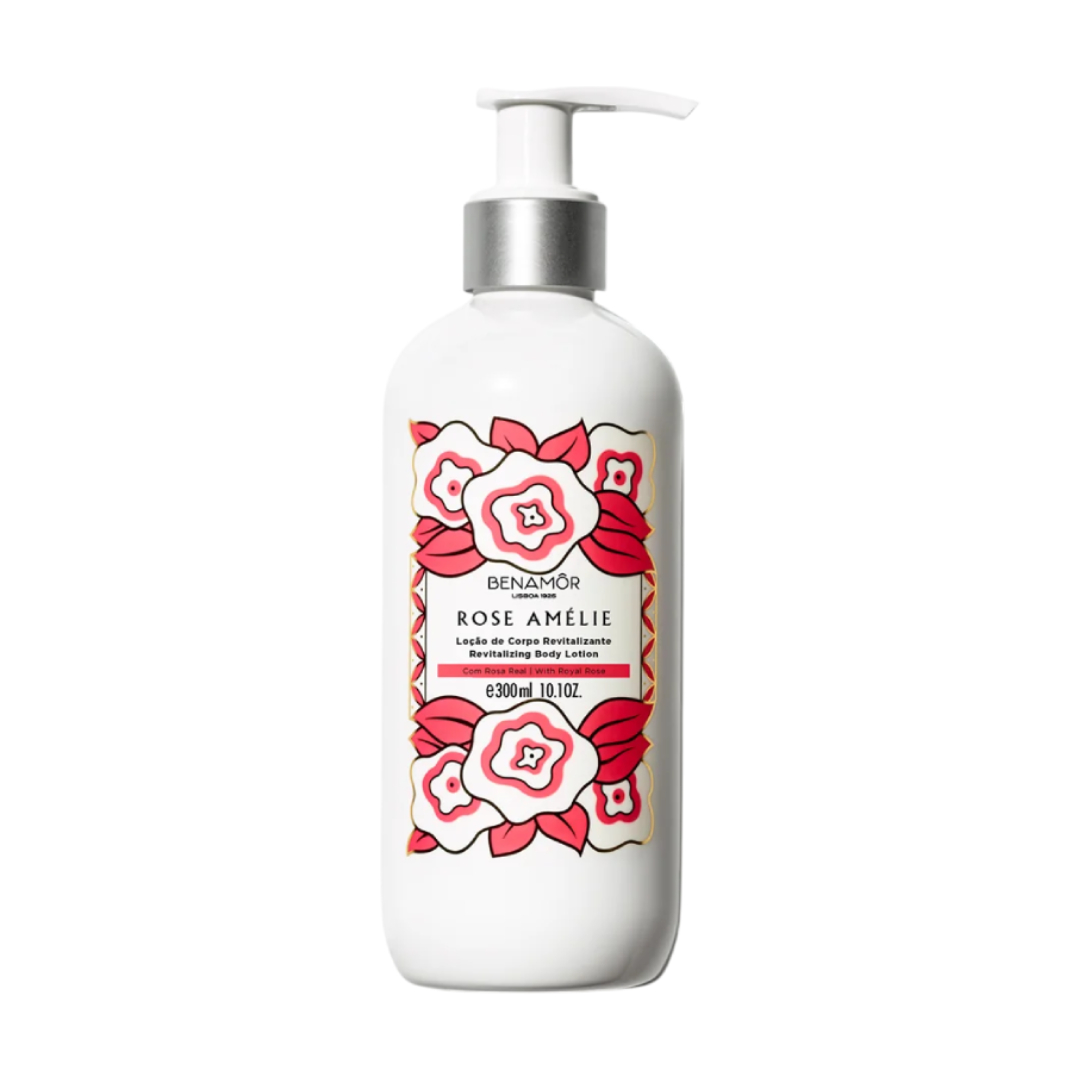 Benamôr - Loção Corporal Rose Amélie Frasco branco com doseador e padrão floral vermelho e branco