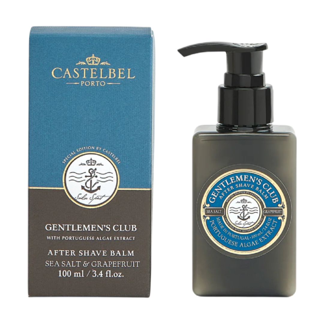 Castelbel - Gentlemen's Club After Shave Balm 100ml Bálsamo pós-barba Gentlemens Club Castlebell Porto em embalagem azul e castanha e frasco preto com tampa de bomba.