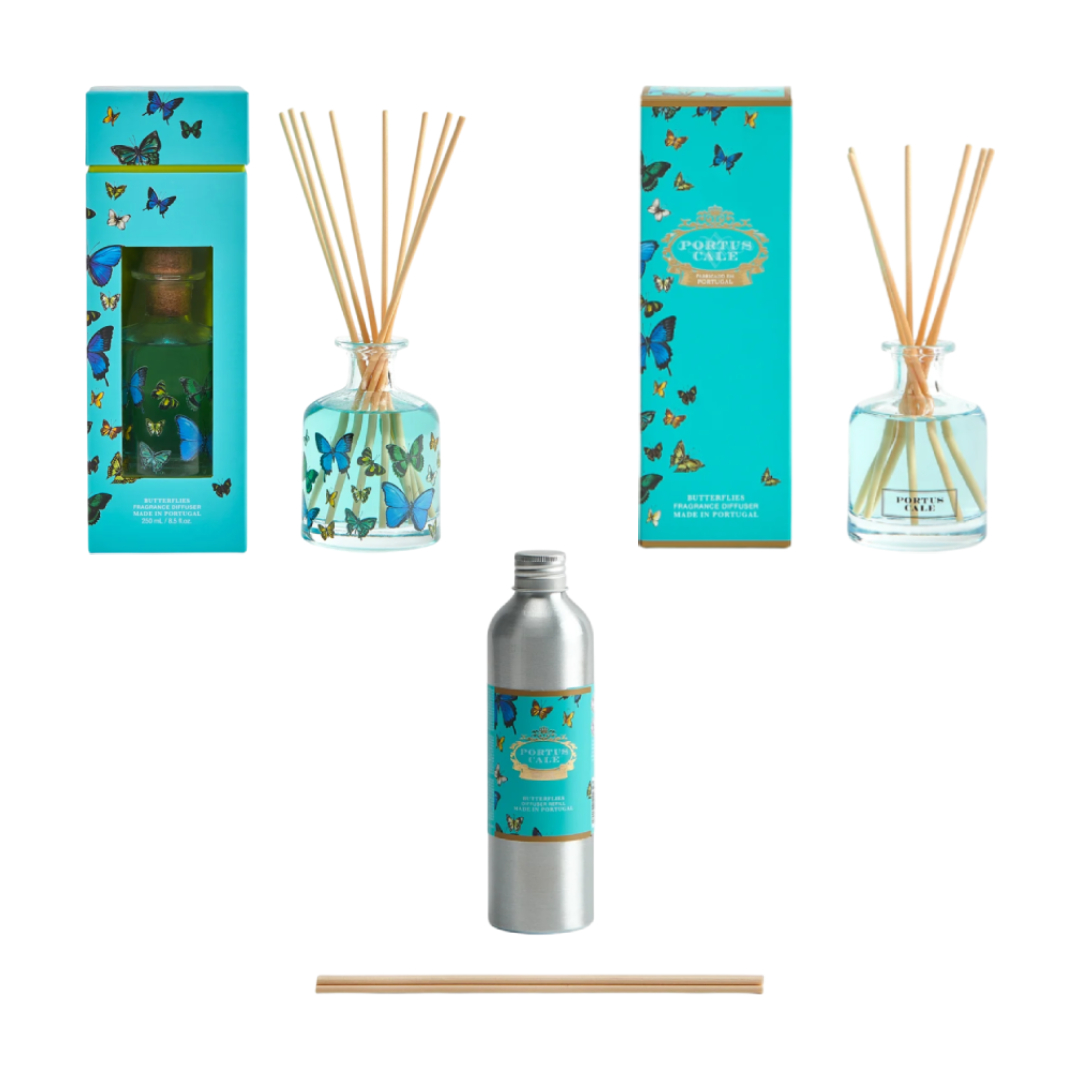 Portus Cale - Difusor de Fragrância Butterflies Produtos para difusor de fragrâncias Portus Cale com embalagem azul e borboletas