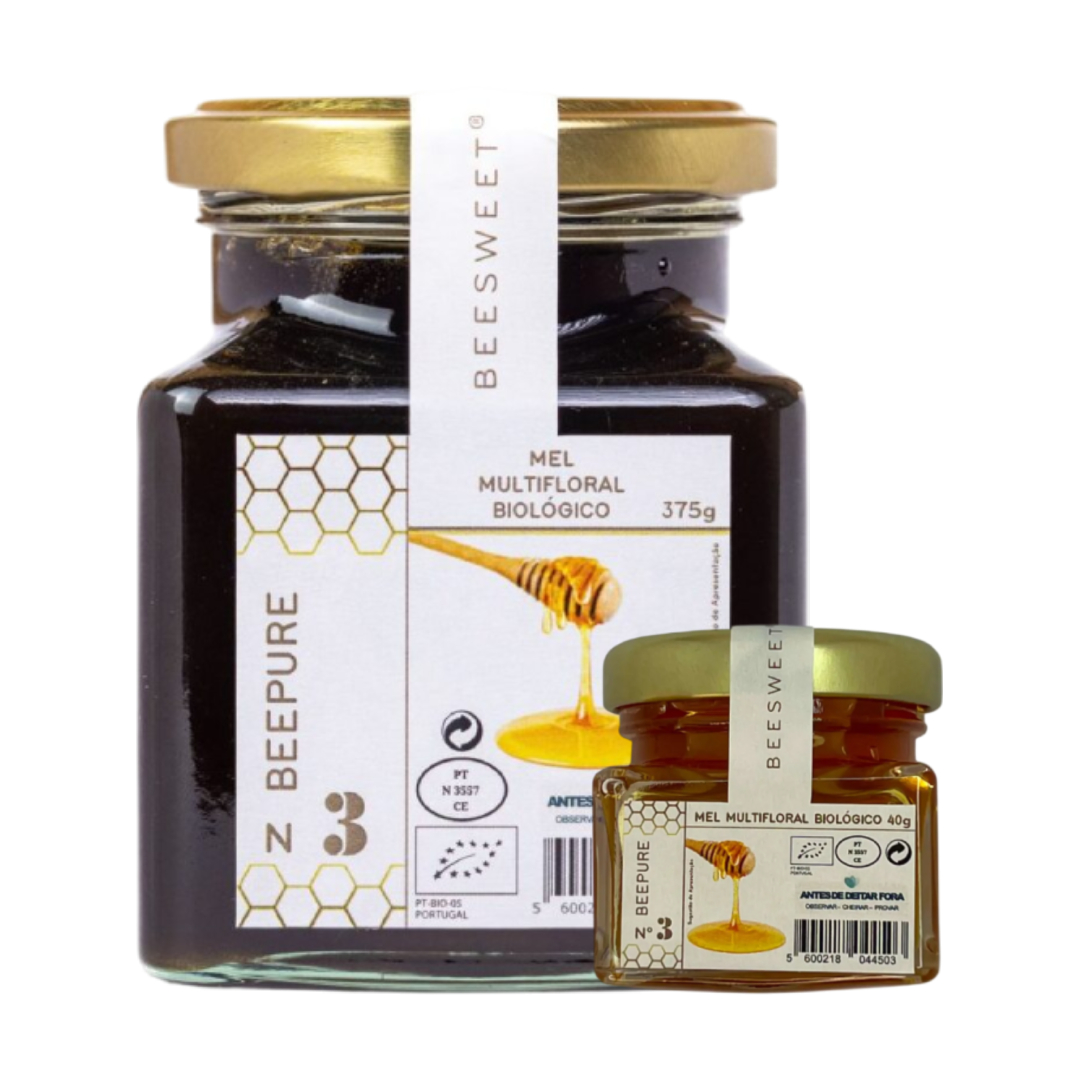 Beesweet - Mel N.3 Beepure BIO Frascos de mel multifloral biológico com tampa dourada e etiquetas brancas