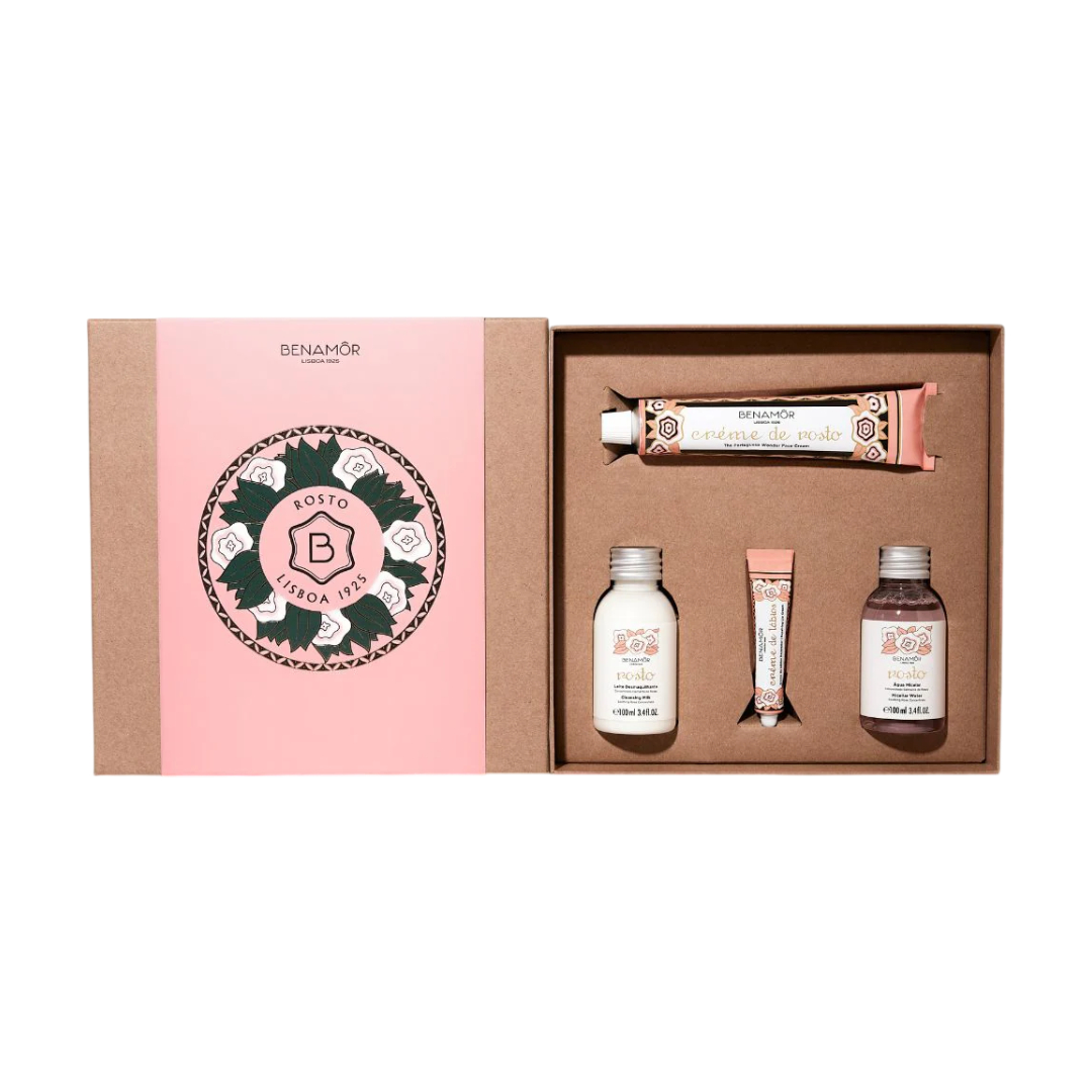 Benamôr - Rosto Gift Set Conjunto de cosméticos Benamôr com quatro produtos em caixa castanha e tampa rosa