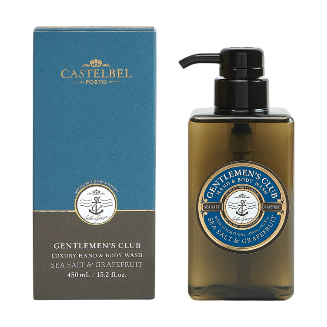 Castelbel - Gentlemen's Club Hand & Body Wash 450ml Dispenser e caixa do Gentlemens Club Luxury Hand & Body Wash Sea Salt & Grapefruit
