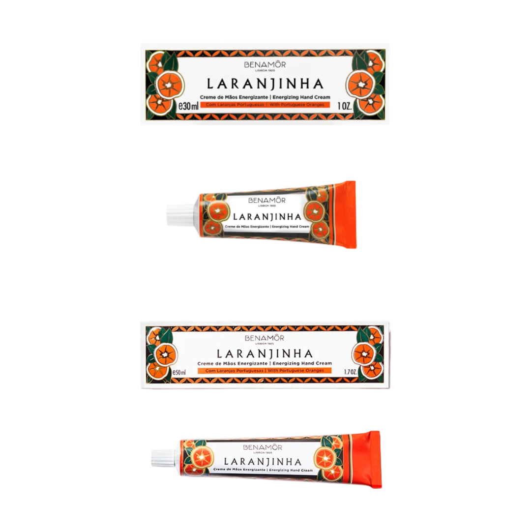 Benamôr - Creme de Mãos Energizante Laranjinha Tubos e embalagens de creme de mãos Benamôr Laranjinha com design de laranjas