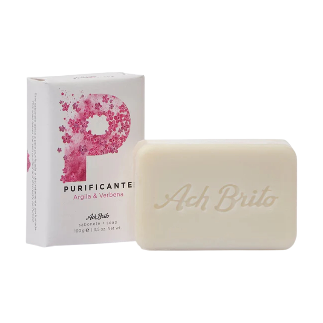 Ach. Brito - Sabonete SPA Purificante Argila e Verbena 100g Sabonete branco Ach Brito com embalagem floral rosa purificante