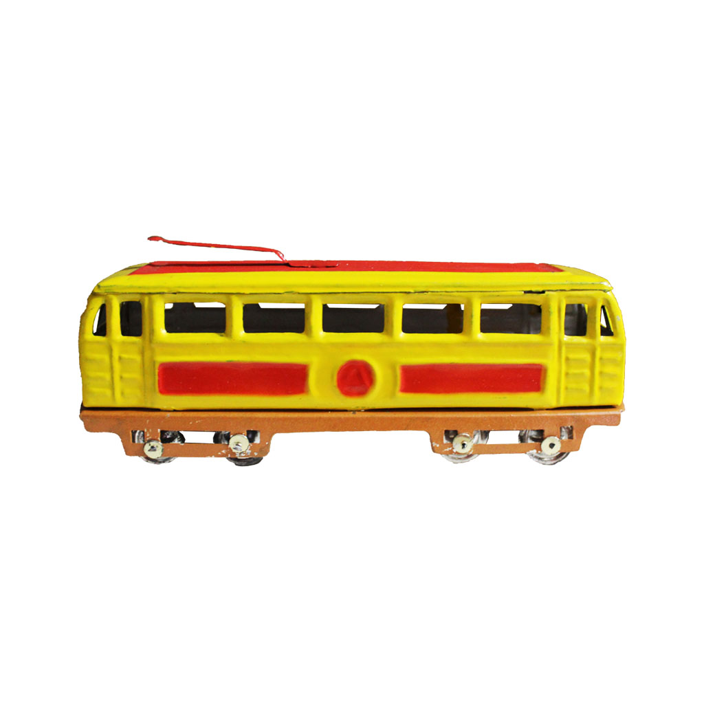 Artesana - Elétrico Artesanal de Chapa Brinquedo modelo de elétrico amarelo com faixas vermelhas e rodas metálicas