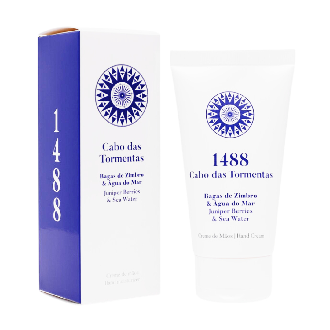LEME - Creme de Mãos Tormentas 1488 Embalagem e tubo branco de creme de mãos Cabo das Tormentas com texto em azul
