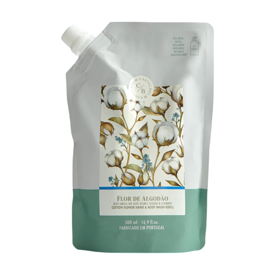 Recarga gel Flor de Algodão embalagem branca e verde com flores de algodão