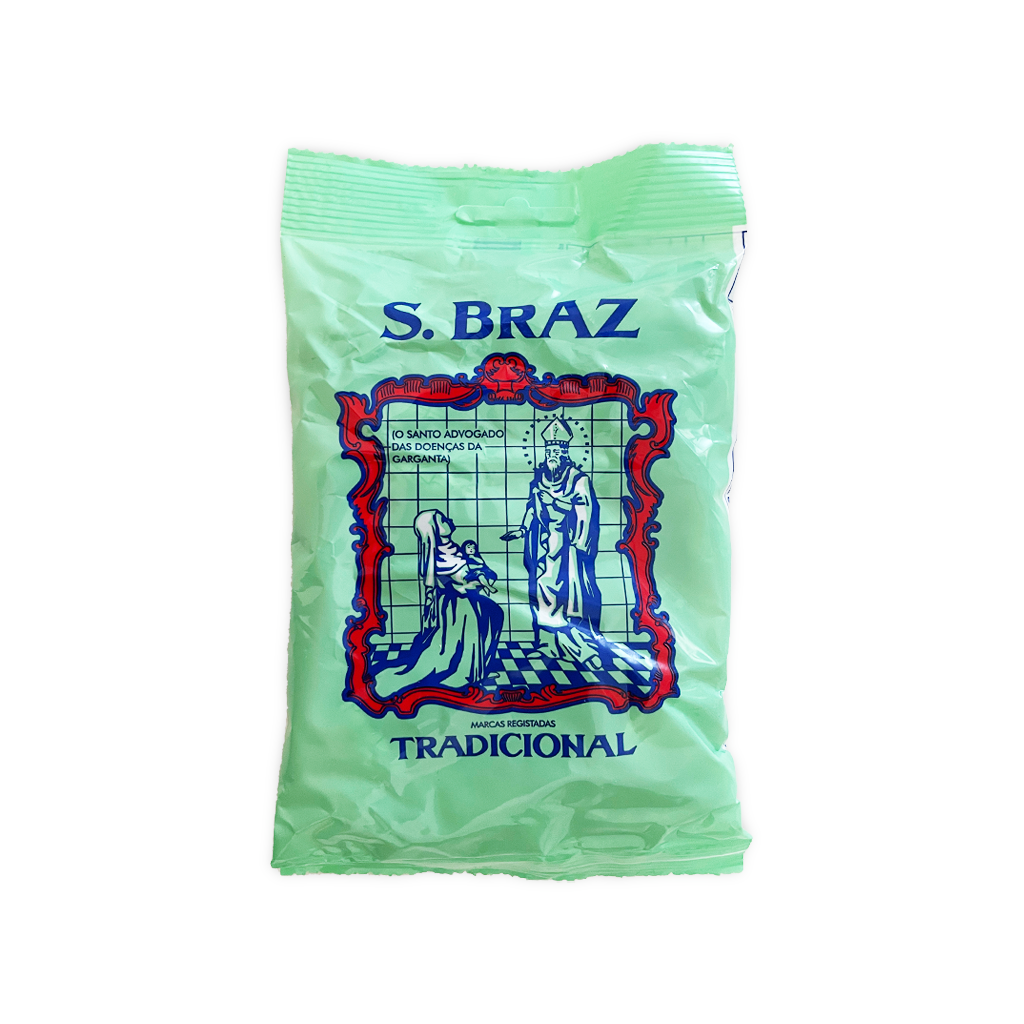 S. Braz - Rebuçados Tradicionais de Mentol S. Braz Embalagem verde clara de açúcar tradicional S. Braz com ilustração e texto azul e vermelho
