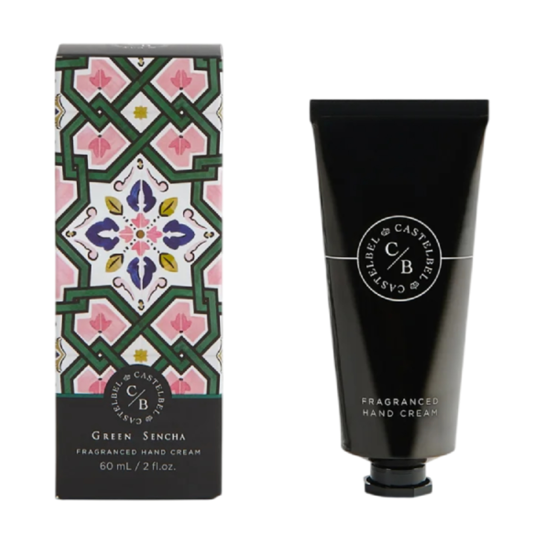 Creme de mãos perfumado CASTELBEL Green Sencha em tubo preto com embalagem decorada colorida