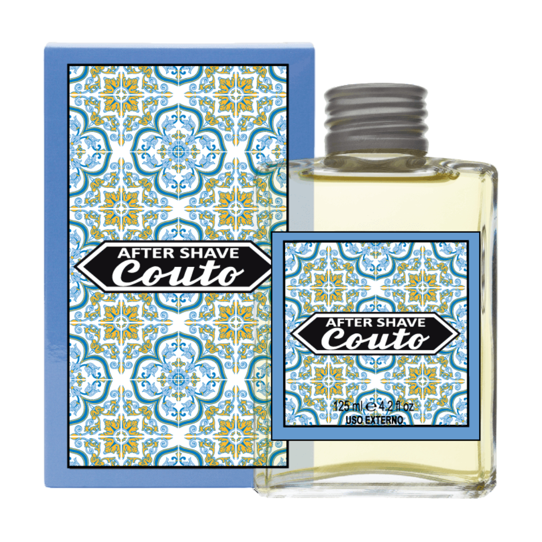Couto - After Shave Frasco de vidro de after shave Couto com embalagem decorada azul e amarelo
