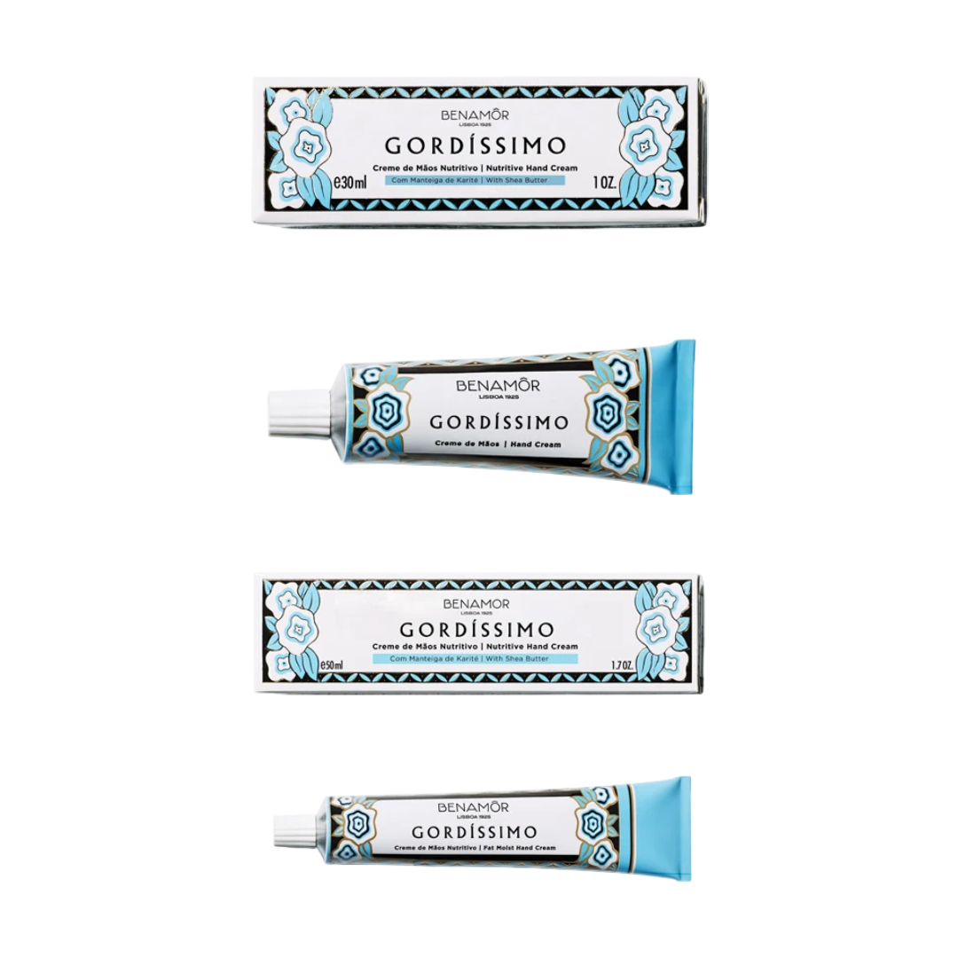 Benamôr - Creme de Mãos Nutritivo Gordíssimo Embalagens e tubos de creme de mãos Benamôr Gordíssimo com design floral azul e branco
