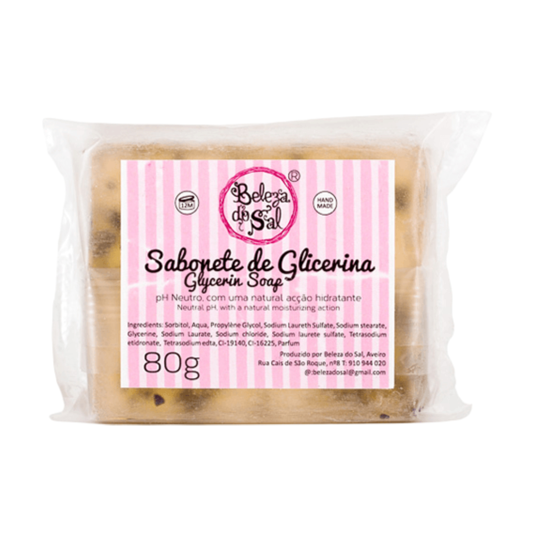 Beleza do Sal - Sabonete de Glicerina Sabonete de glicerina embalado com etiqueta rosa às riscas brancas
