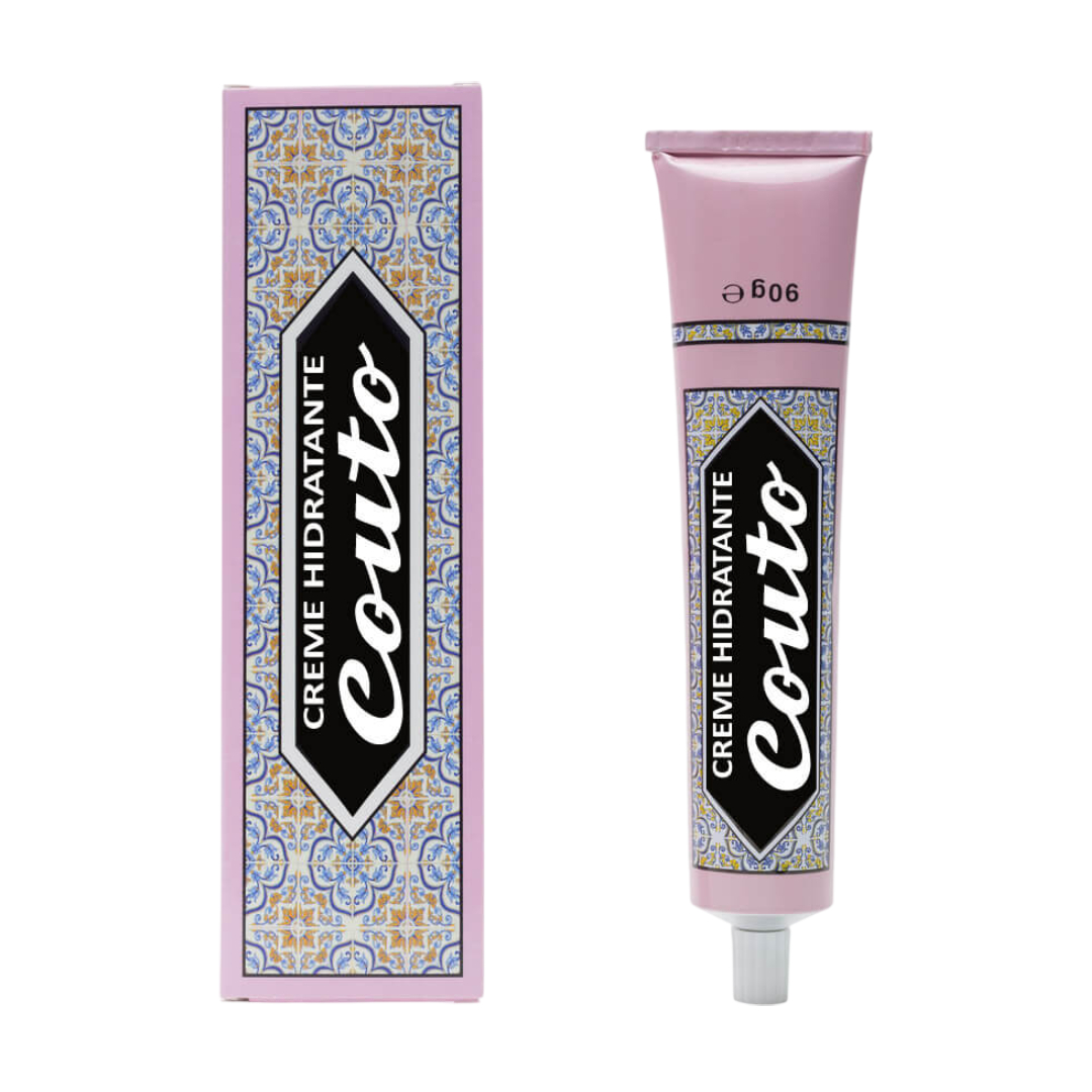 Couto - Creme Hidratante Creme hidratante Coutto em tubo rosa com padrão azulejar e embalagem correspondente