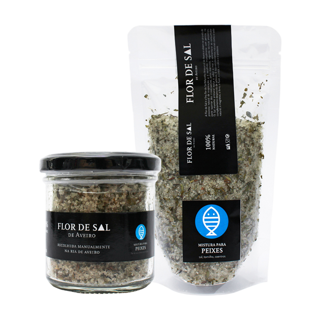 Flor de Sal - Flor de Sal de Aveiro Mistura para Peixes Flor de Sal de Aveiro mistura para peixes em embalagem de vidro e embalagem plástica