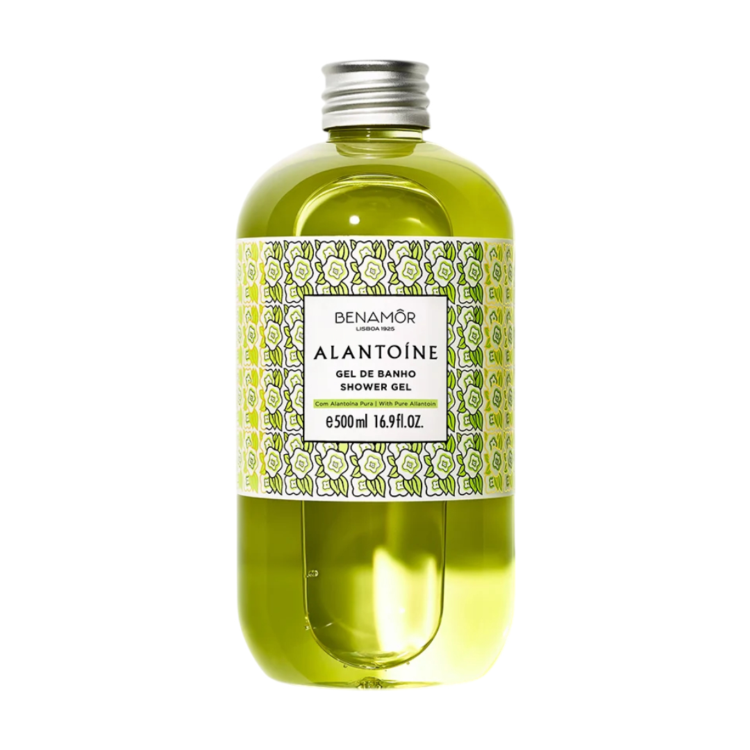 Benamôr - Gel de Banho Alantoíne Frasco de gel de banho Alantoíne amarelo esverdeado com rótulo floral da marca BENAMÔR