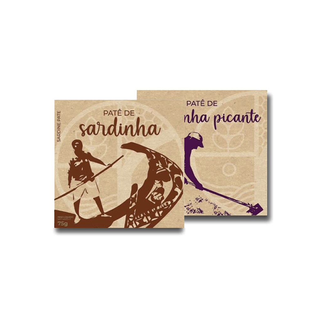Gula com Lata - Paté de Sardinha Pacotes de paté de sardinha e paté de nha picante em embalagens castanhas com ilustrações gráficas.