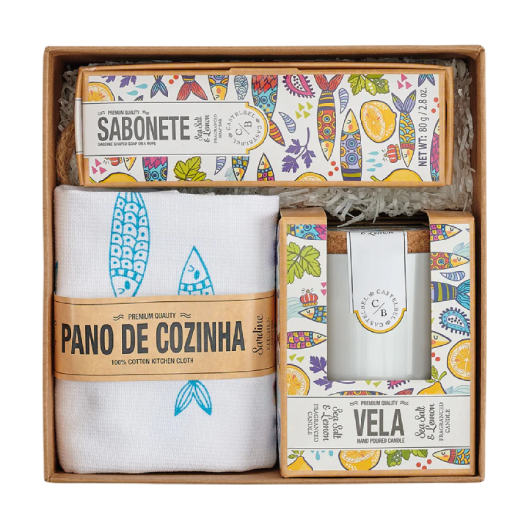 Castelbel - Caixa Conjunto Sardinha Conjunto de presente com sabonete, pano de cozinha e vela perfumada em caixa de cartão