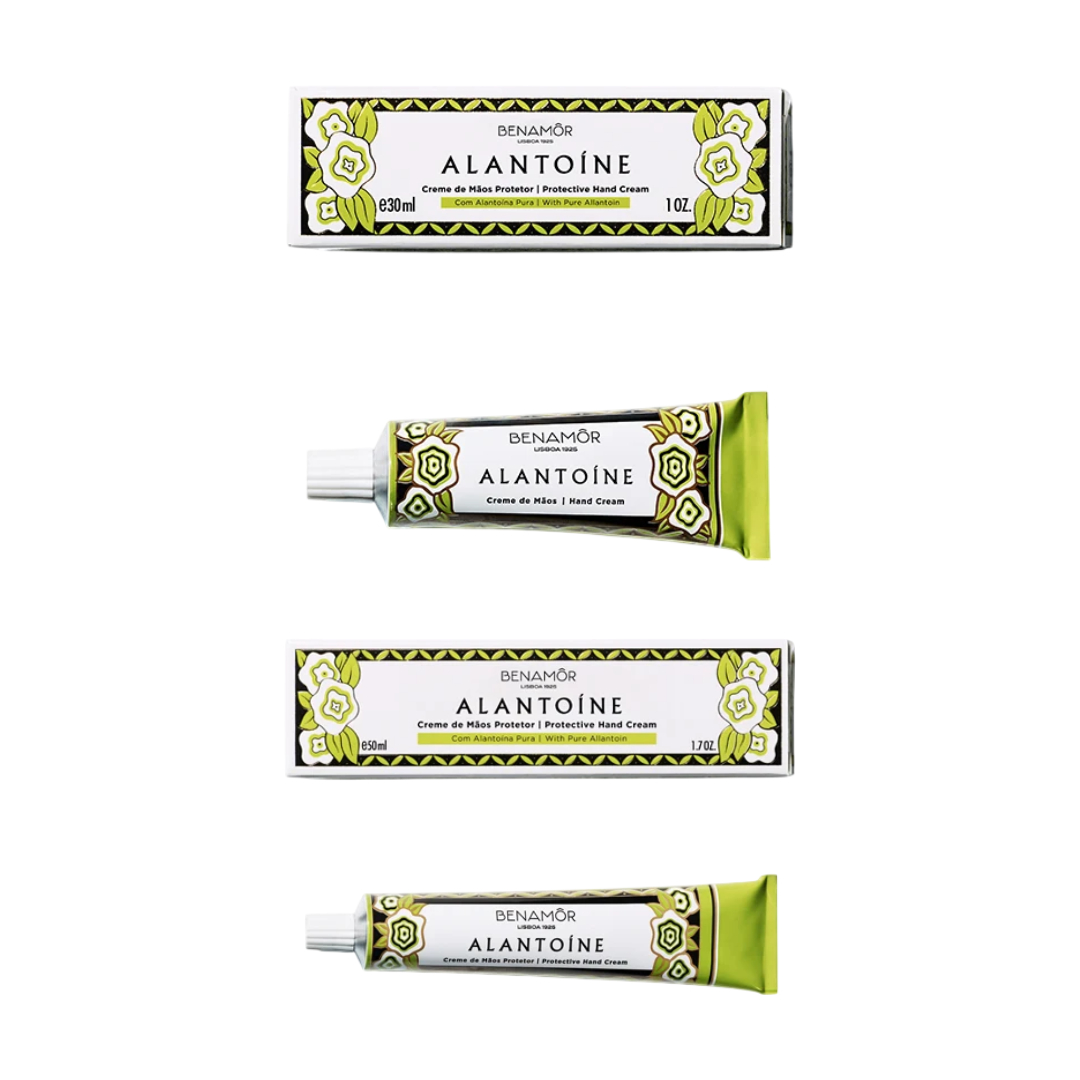 Benamôr - Creme de Mãos Protetor Alantoíne Creme de mãos Benamôr ALANTOÍNE em tubos e caixas com design floral verde e branco