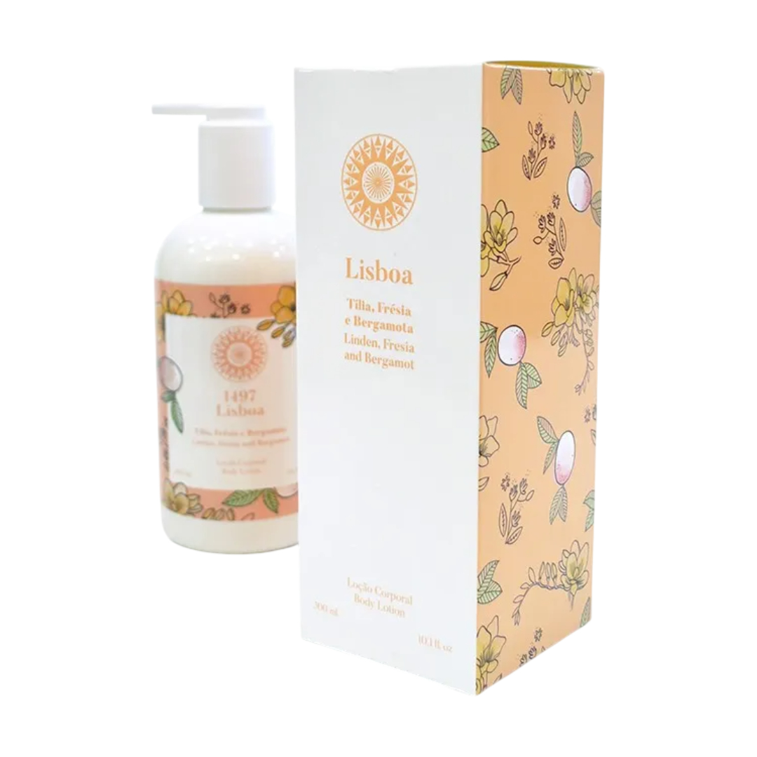 LEME - Loção Corporal Lisboa Loção corporal Lisboa com embalagem floral em tons de laranja, branco e amarelo