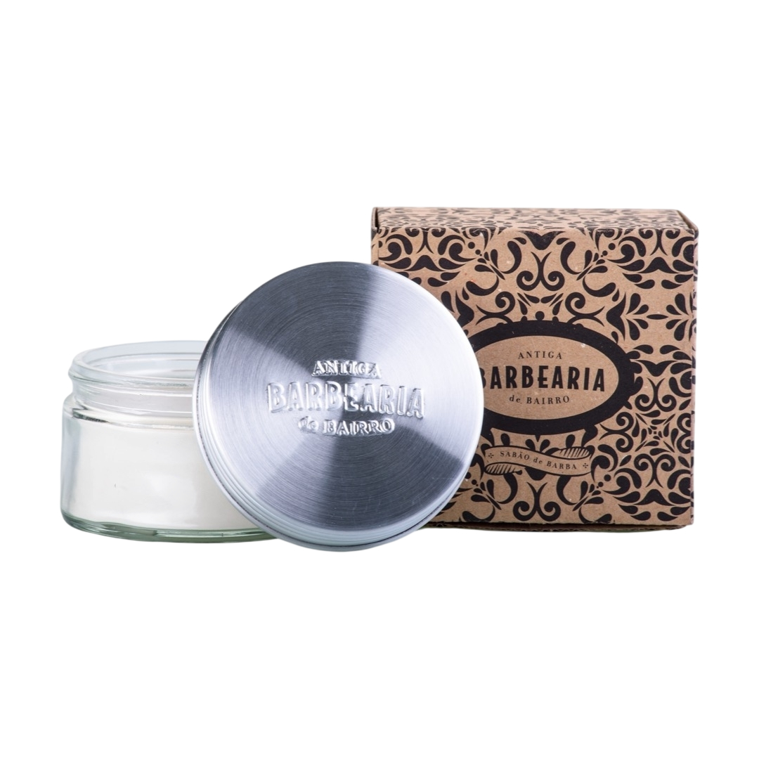 Antiga Barbearia de Bairro - Sabão de Barbear Frasco de vidro com creme e tampa metálica e caixa decorada de creme de barbear Antiga Barbearia
