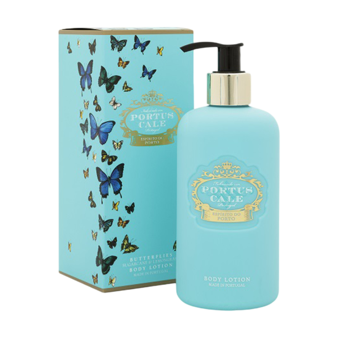 Portus Cale - Loção Corporal Butterflies Loção corporal Portus Cale Spirits do Porto com embalagem azul clara e borboletas