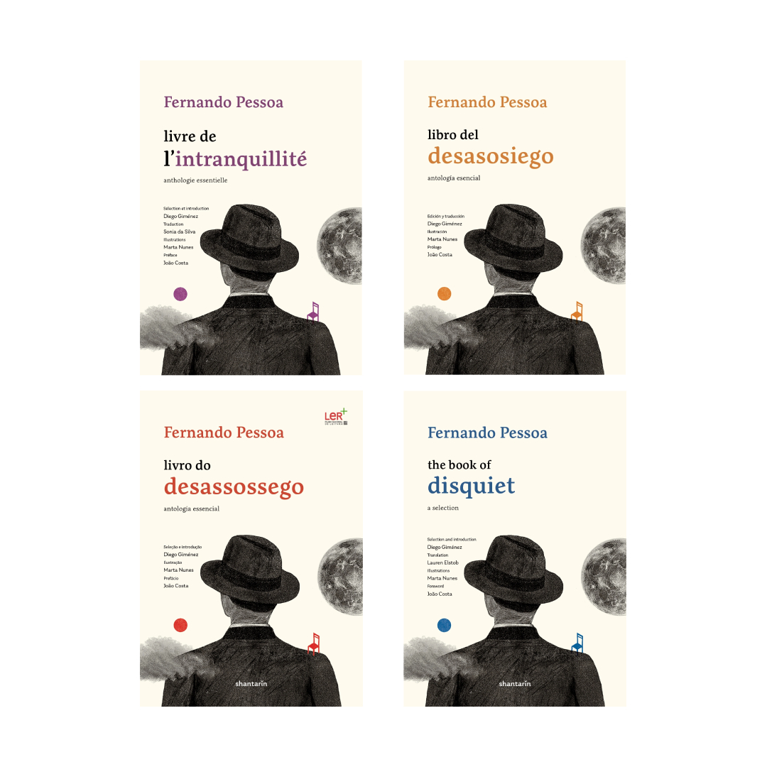 Shantarin - Livro do Desassossego Quatro capas de livros de Fernando Pessoa em diferentes idiomas, com ilustração idêntica em fundo branco