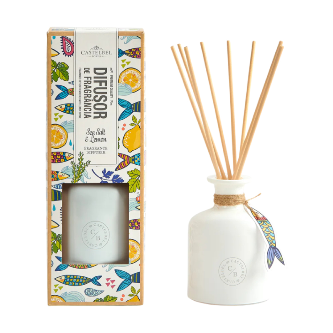 Castelbel - Difusor de Aroma Sardinha Difusor de fragrância Castbel Porto Sea Salt & Lemon com embalagem colorida e base cerâmica branca
