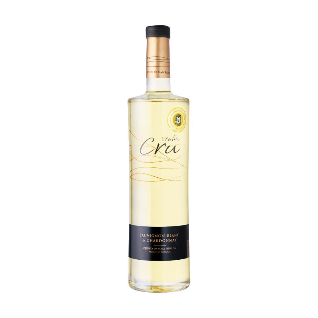 Quinta Mata Fidalga - Vinho Branco Vinha Cru Garrafa de vinho branco Vinha Cru com rótulo preto e dourado