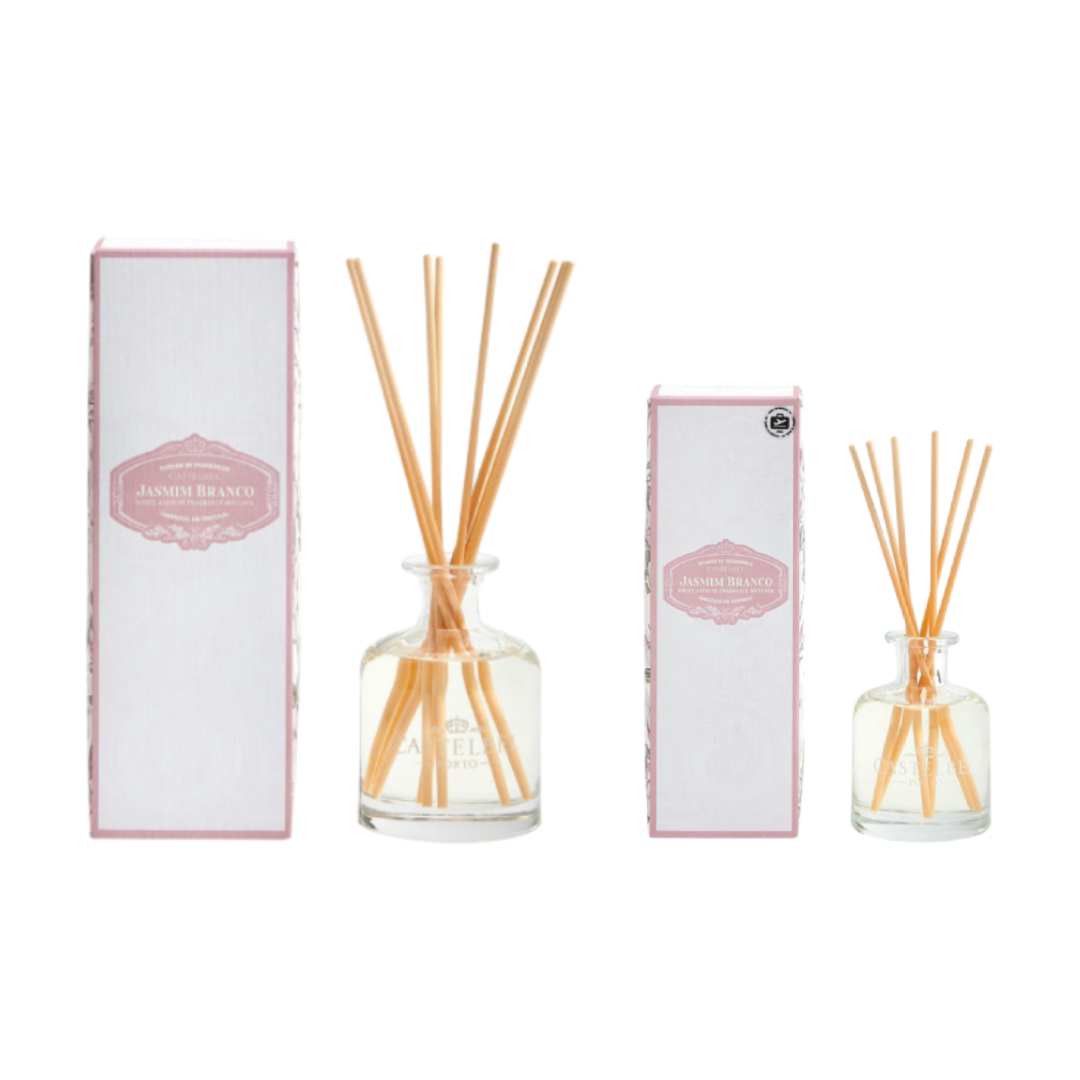 Castelbel - Difusor de Aroma Jasmim Branco Ambientadores com frascos de vidro e embalagens brancas com rosa JASMIM BRANCO
