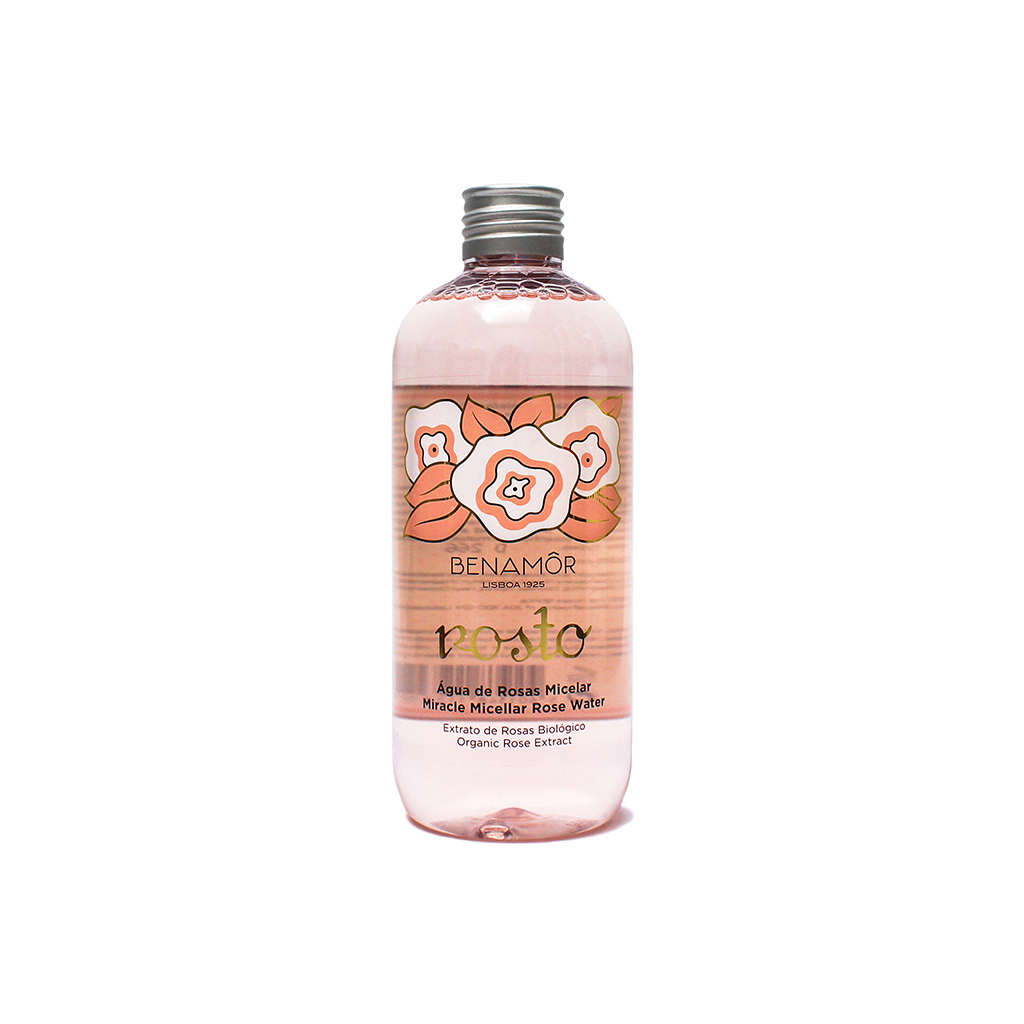 Benamôr - Água de Rosas Micelar Frasco plástico rosa com rótulo floral e texto Benamór Roseto