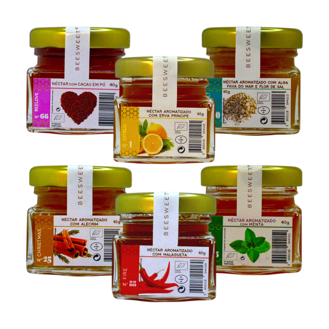 Beesweet - Mel sabores 40g Cinco frascos pequenos de néctar aromatizado com etiquetas coloridas e tampas douradas