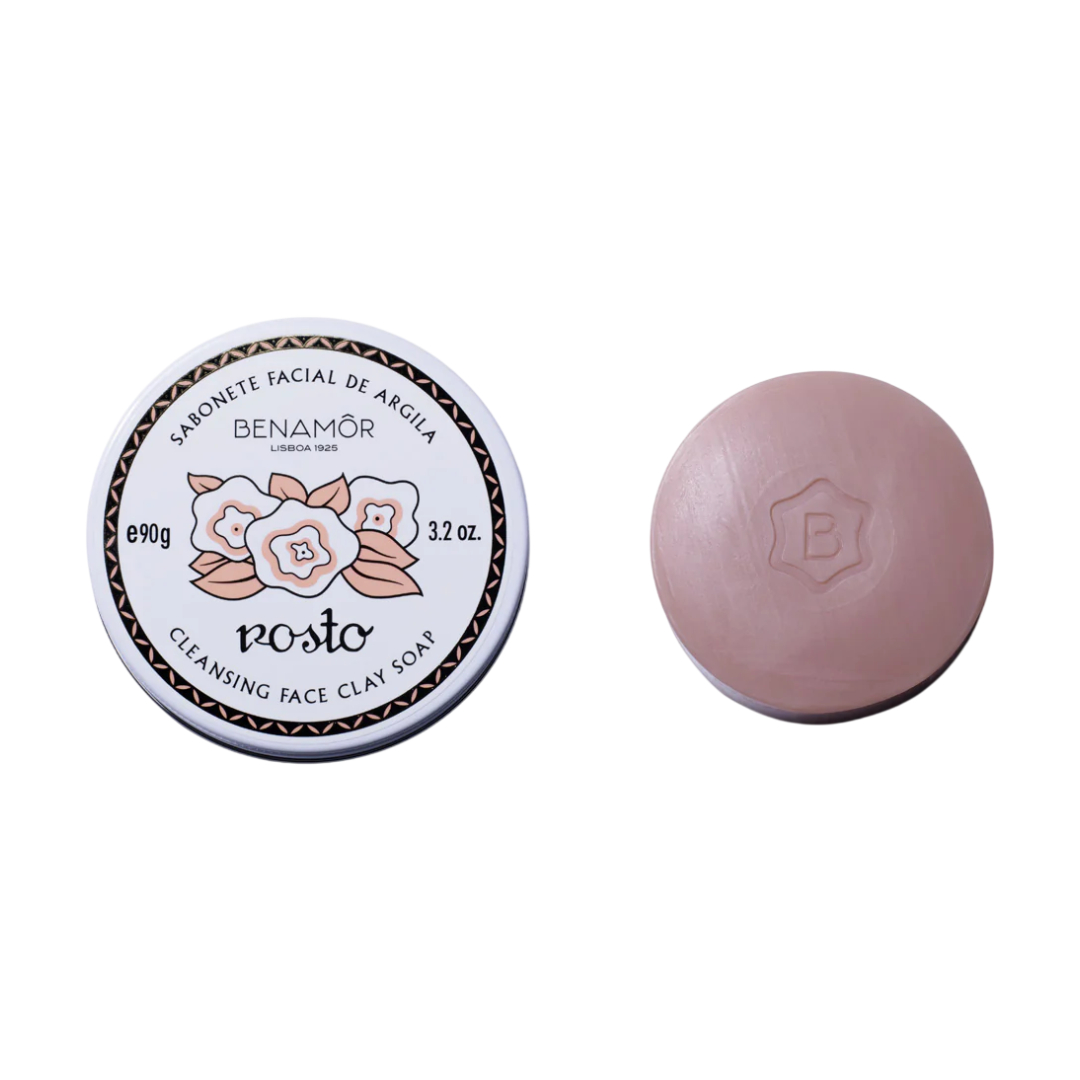 Benamôr - Sabonete de Rosto de Argila Sabonete facial de argila Benamôr com embalagem e sabão redondo rosa