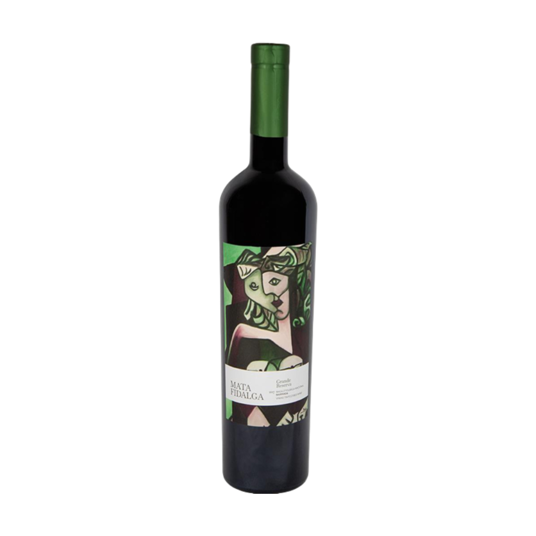 Quinta da Mata Fidalga - Grande Reserva Tinto Garrafa de vinho tinto com rótulo artístico e tampa verde
