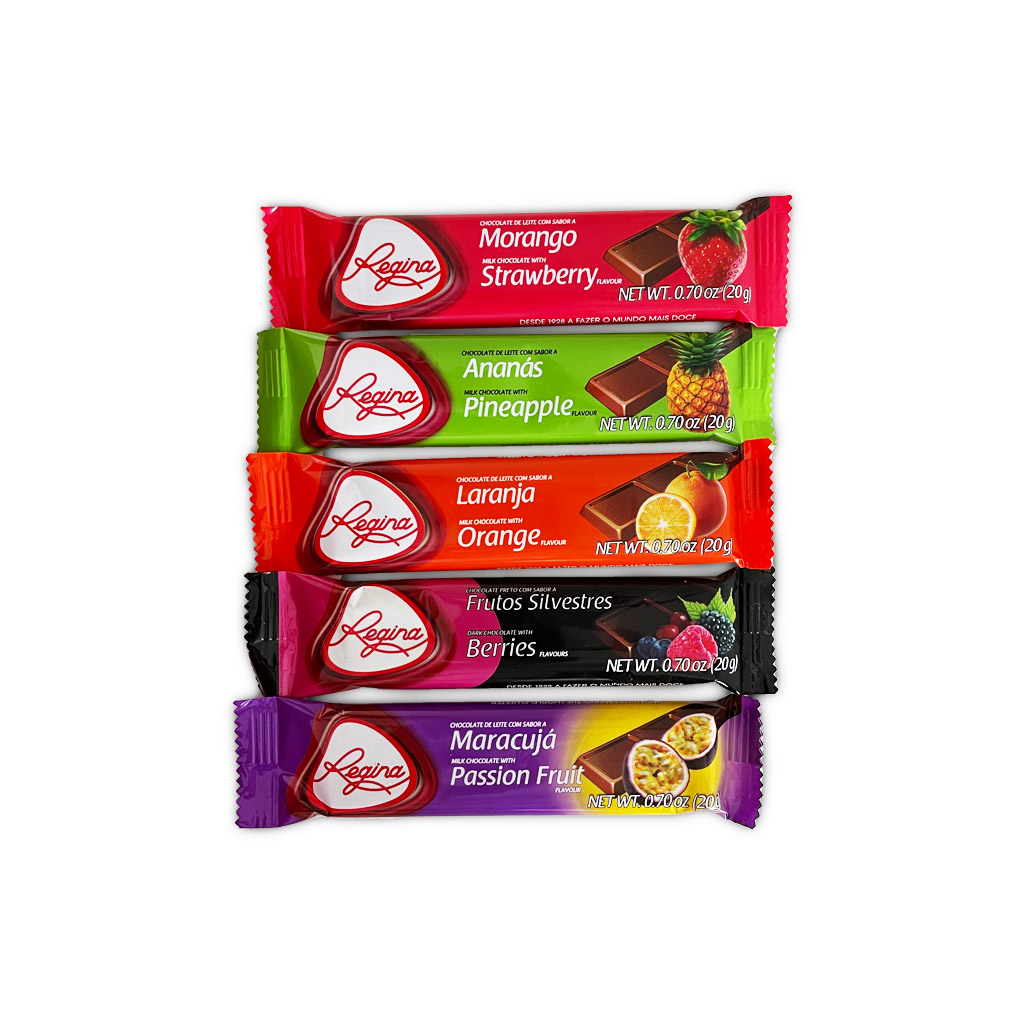 Regina - Chocolate com Sabores Barras de snack Regina em variedade de sabores com embalagens coloridas.