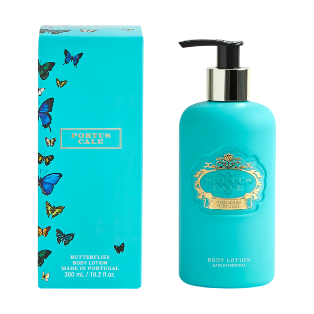 Portus Cale - Body Lotions Butterflies Loção corporal azul turquesa com dispensador e caixa azul com borboletas