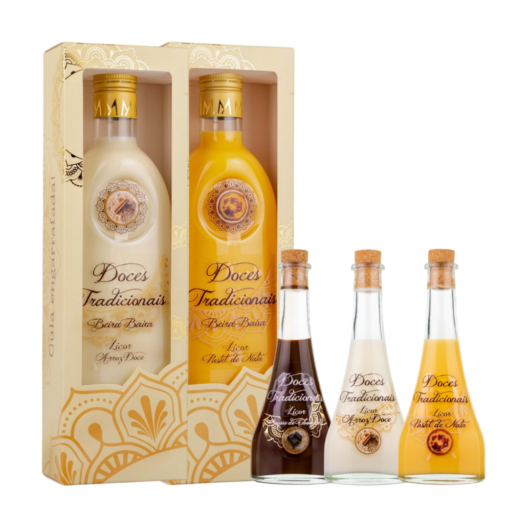 Zimbro - Licores de Sabores garrafas de licores tradicionais com rótulos e caixa decorativa
