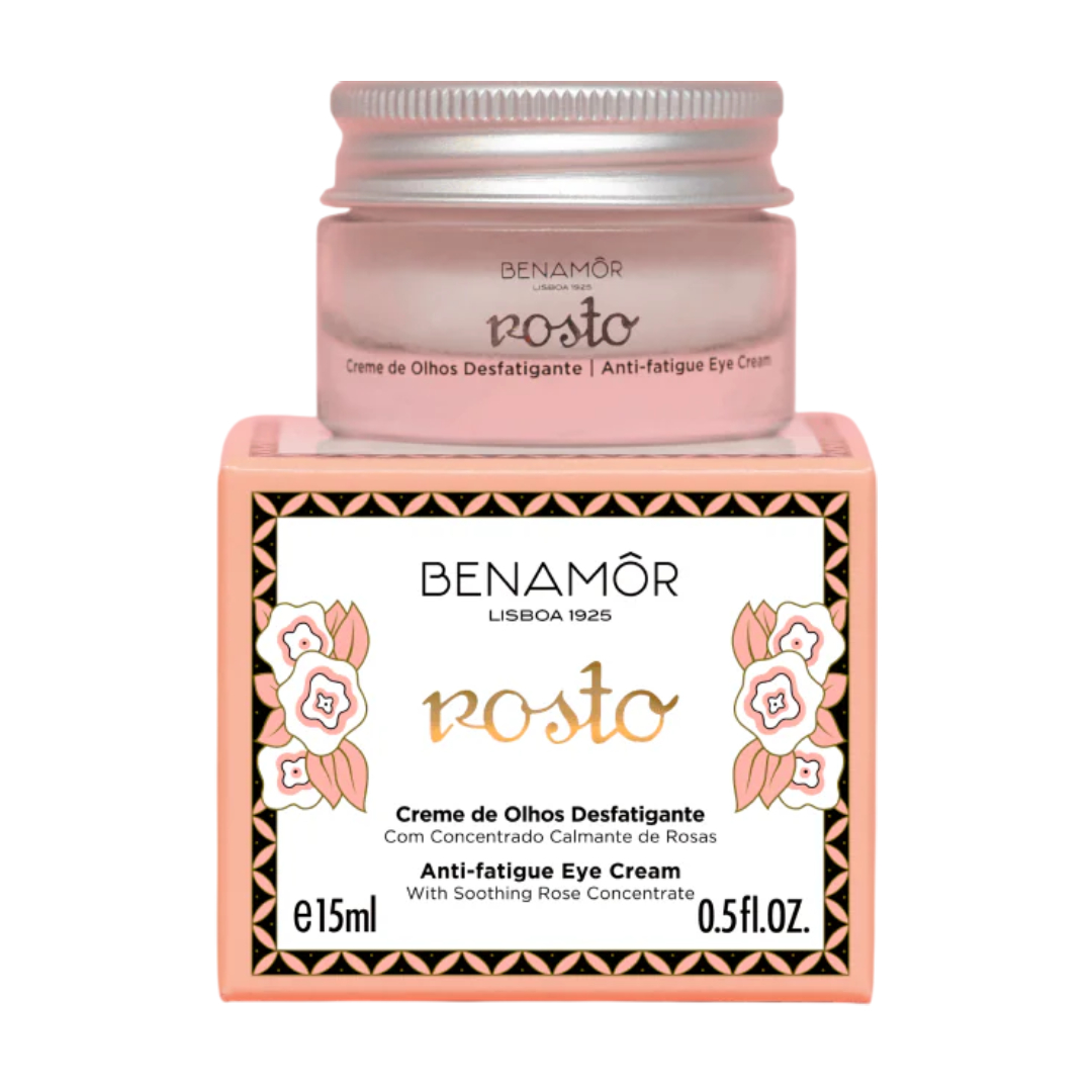 Benamôr - Creme de Olhos Desfatigante Creme de olhos anti-fadiga Benamôr em frasco rosado com caixa rosa decorada.