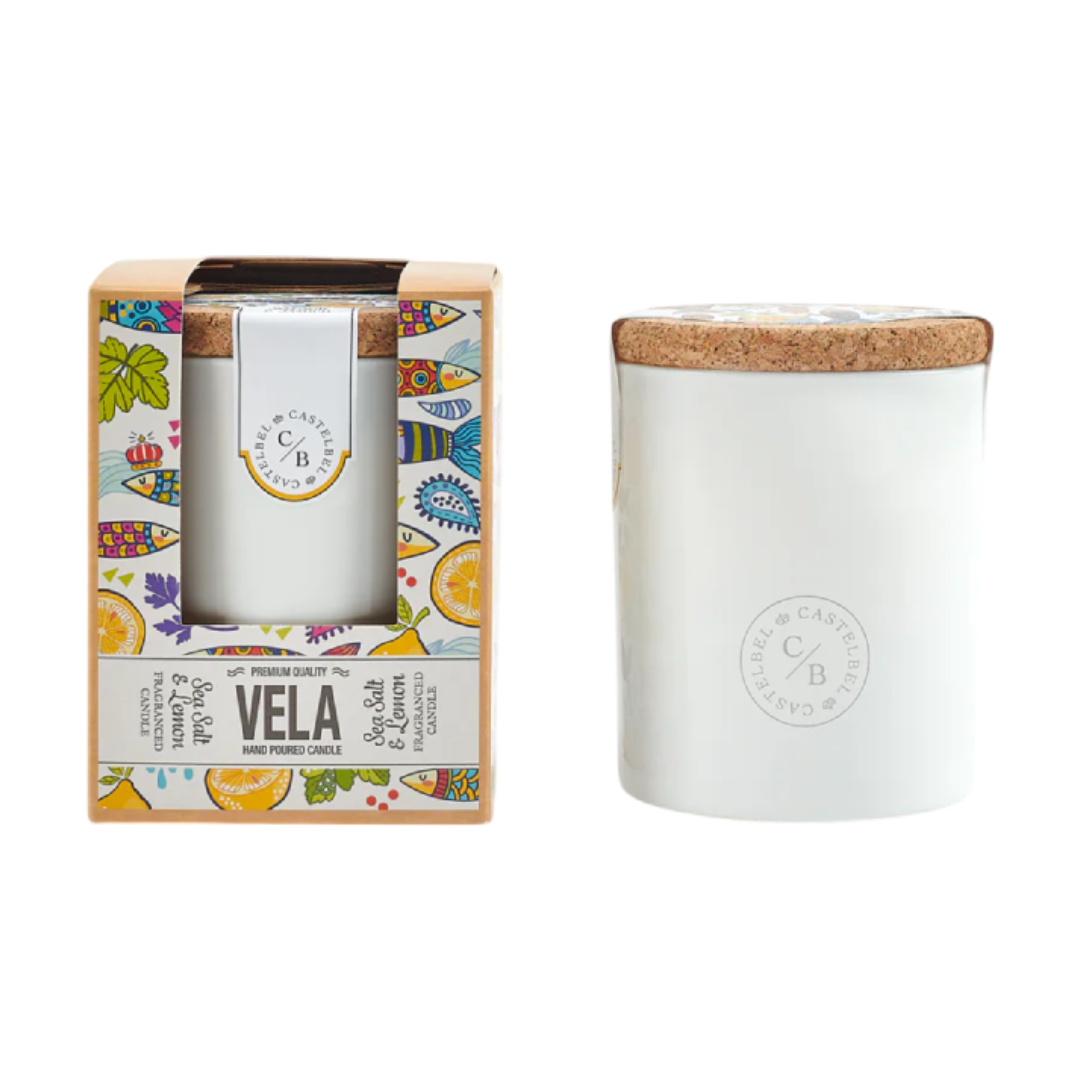 Castelbel - Vela Aromática Sardinha Vela perfumada branca com tampa de cortiça em caixa colorida com desenhos