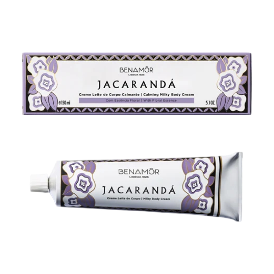 Benamôr - Creme Leite de Corpo Calmante Jacarandá Creme para corpo Benamôr Jacarandá com embalagem decorada com flores lilás.