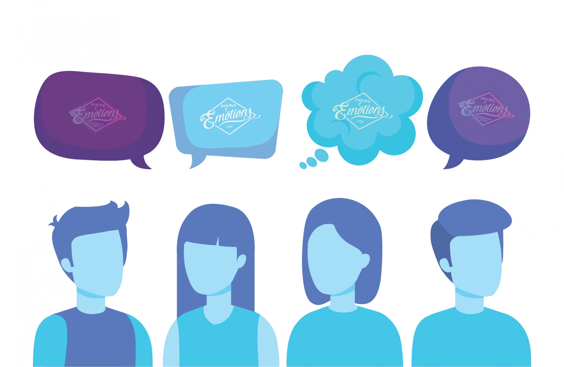 Ilustração com balões de fala e personagens estilizadas em azul e roxo