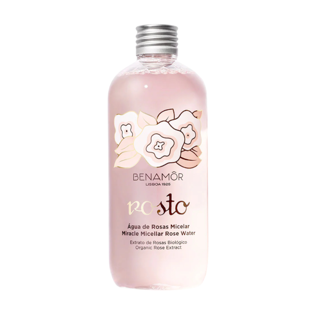 Benamôr - Água de Rosas Micelar Frasco de água micelar de rosas Benamôr com rótulo floral rosa e branco