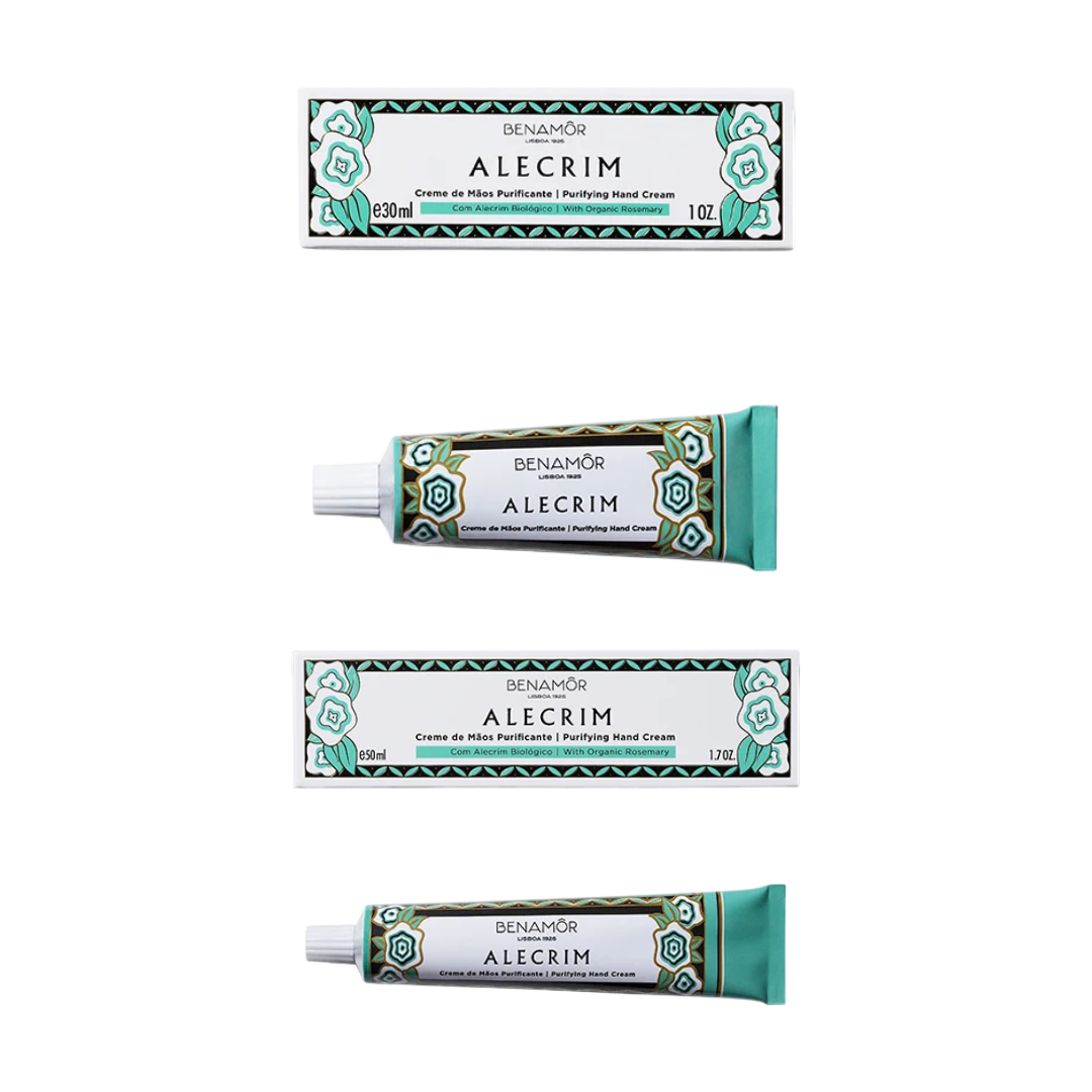 Benamôr - Creme de Mãos Purificante Alecrim Cremes de mão Benamôr Alecrim com embalagens decoradas com flores azuis e verdes.