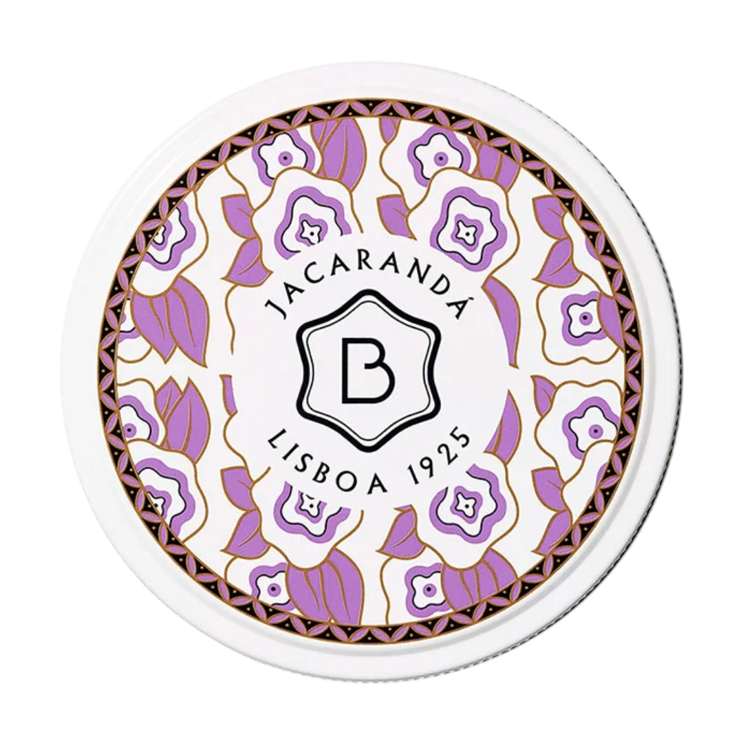 Benamôr - Manteiga Suprema Corporal Jacarandá Embalagem redonda branca com padrão floral lilás e dourado e texto central