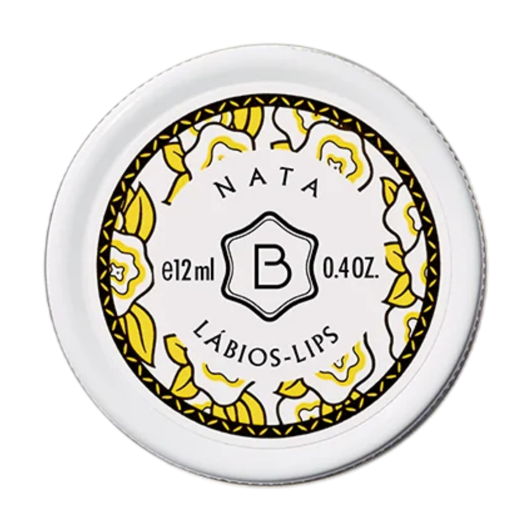 Benamôr - Bálsamo de Lábios Nata Frasco branco redondo com tampa decorada com flores amarelas e pretas