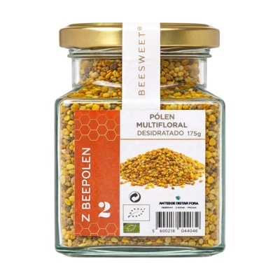 Frasco de vidro com pólen multifloral desidratado e etiqueta