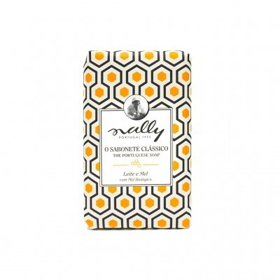 Sabonete clássico em embalagem hexagonal laranja e cinza com texto em português