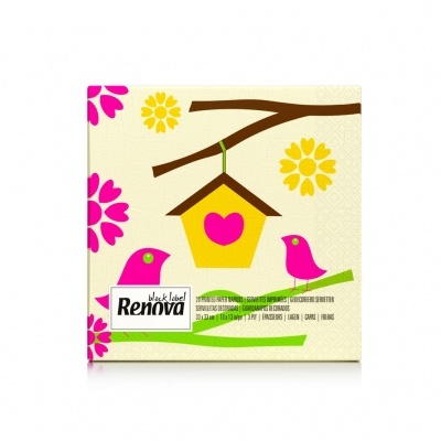 Embalagem de lenços Renova Black Label com design de casinha de pássaros e flores coloridas