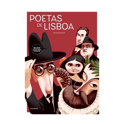 Capa de livro vermelho com título POETAS DE LISBOA e ilustrações caricaturais de cinco pessoas