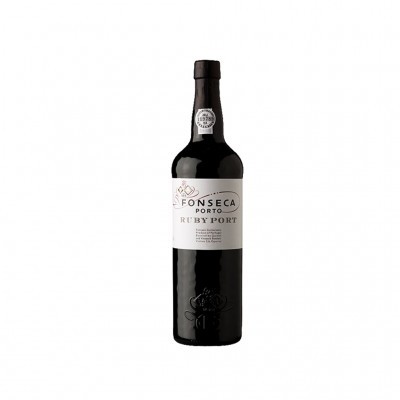 Garrafa de vinho do Porto Fonseca Ruby Port com rótulo branco e vidro escuro