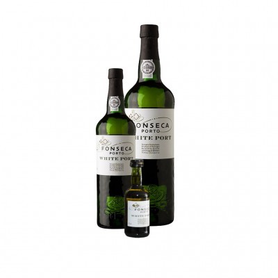 Três garrafas de vinho do Porto Branco Fonseca de diferentes tamanhos